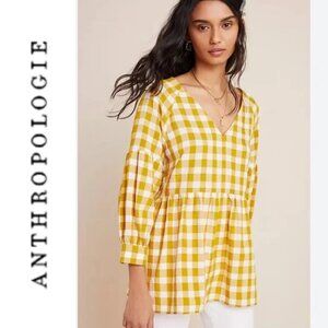 Maeve Anthropologie Women’s Medium Yellow Gingham Babydoll Blouse 3/4 Sleeve